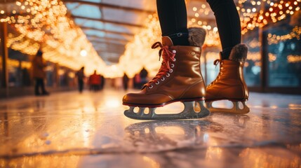 b'ice skating at an indoor ice rink with fairy lights in the background' - obrazy, fototapety, plakaty