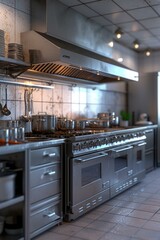 b'A commercial kitchen with stainless steel appliances and a large range'