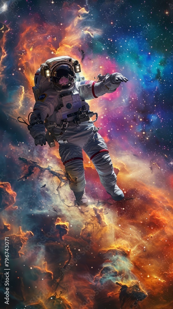 Poster b'an astronaut in a spacesuit floating in the vastness of space'