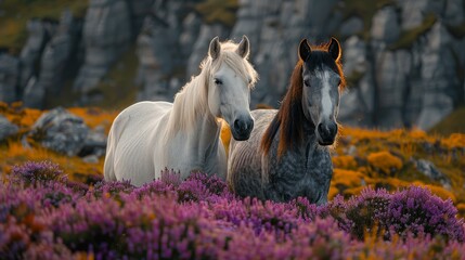 Majestic Wild Horses Grazing Amongst Scattered Rocks and Purple Heather Flowers in Vast Grasslands