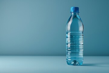 Minimal display of a clear bottle with vibrant blue water isolated object with space for adding text