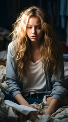 Fototapeta na wymiar b'Young woman with blonde hair sitting on a bed looking sad'