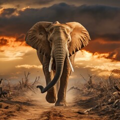 b'African elephant walking in the savanna at sunset'