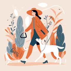 image chic illustration of a woman walking her dog, with a white background and stylish lines, AI Generative