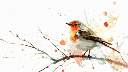Red robin on a branch on white - obrazy, fototapety, plakaty