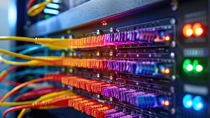 Naklejka premium rack-mounted optical wavelength division multiplexer (WDM) in a data center, with colorful fiber optic cables connected