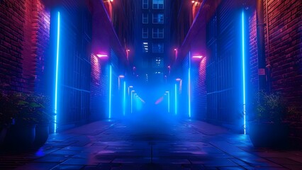 Alley in a Futuristic Cyberpunk City with Empty Blue-Lit Modern Buildings. Concept Cyberpunk, Urban Landscape, Futuristic Architecture, Empty Streets, Blue Lighting