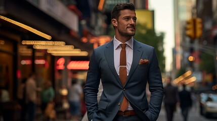 b'A well-dressed man in a suit walking down a busy street'
