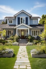 b'Blue Craftsman Style House with Stone Walkway'