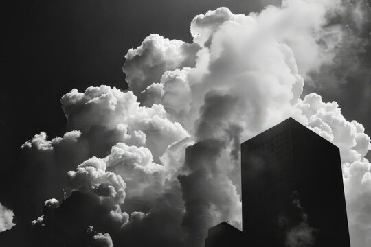 b'Black and white photo of clouds and buildings'
