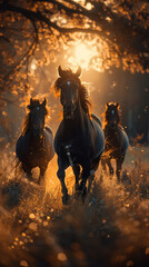 Horses gallop freely at sunset, bathed in nature’s golden light