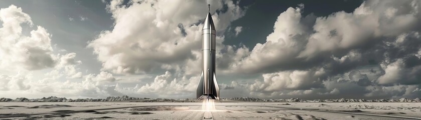 A rocket ship launching from a desert with a cloudy sky