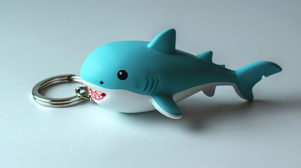 turquoise shark-shaped keychain with white teeth on a grey background.