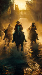 Cowboys ride horses through water, bathed in golden sunlight