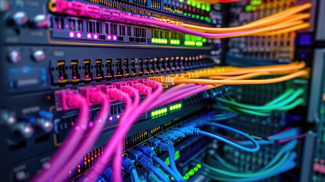 rack-mounted optical wavelength division multiplexer (WDM) in a data center, with colorful fiber optic cables connected