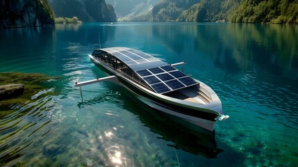 Solar-Powered Boat Gliding Serenely Across a Clear Blue Lake