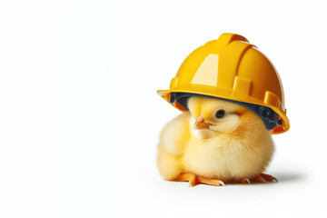 Fototapeta premium yellow chicken in a builder's helmet on a white background