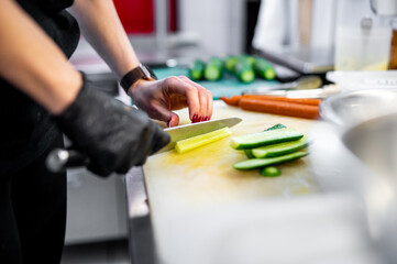 Person skillfully slicing cucumber on a cutting board in a kitchen, with carrots and other ingredients nearby, illustrating meal preparation