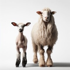 Fototapeta premium a shaved sheep stands next to a hairy one on a white background
