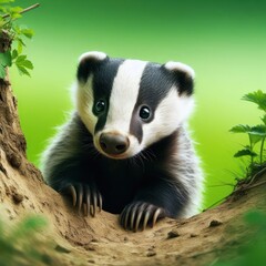 Surprised Badger cautiously peeks around a corner against a green background