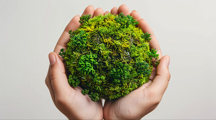 Handheld lush green moss ball on light backdrop - Powered by Adobe