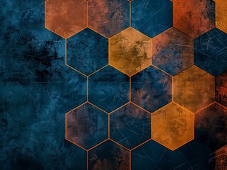 Blue and yellow hexagonal pattern on a grungy textured backdrop.
