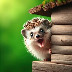 Surprised Hedgehog cautiously peeks around a corner against a green background