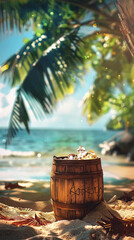 tropical beach scene with a potted plant, seashells, starfish, and the ocean under a blue sky.