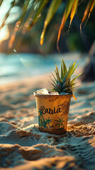  tropical beach scene with a potted plant, seashells, starfish, and the ocean under a blue sky.