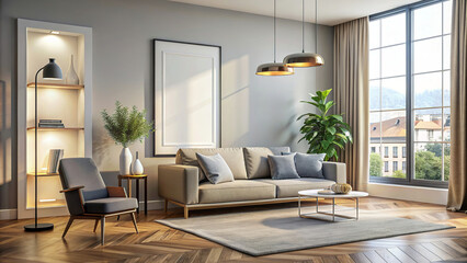 Fototapeta premium Modern living room is bathed in natural light,with a stylish sofa as the centrepiece.The large windows are complemented by elegant interior decoration,with a large blank picture frame on the wall.AI