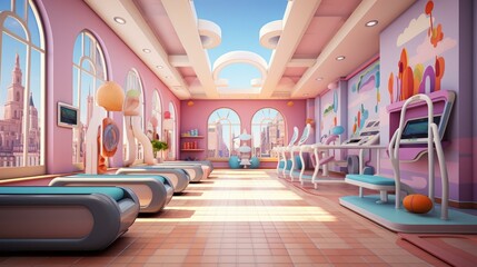 b'A digital illustration of a colorful and modern gym'
