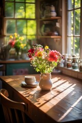 b'A beautiful bouquet of summer flowers sits on a wooden table in front of a sunny window.'