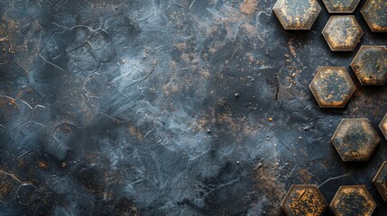 Weathered metal hexagons on a rustic textured surface.