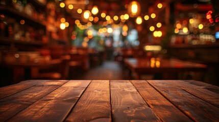 b'An Empty Wooden Table in a Bar' - obrazy, fototapety, plakaty