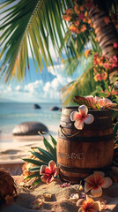  tropical beach scene with a potted plant, seashells, starfish, and the ocean under a blue sky.