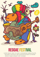 dreadlock percussion player and guitarist concept. abstract prehistoric images reggae festival template poster vector illustration.