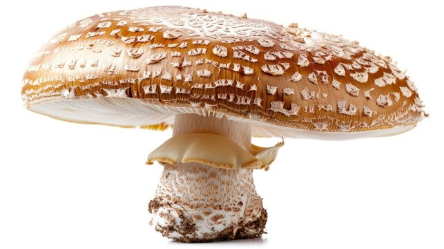 b'close up photo of a large brown mushroom with a white background'