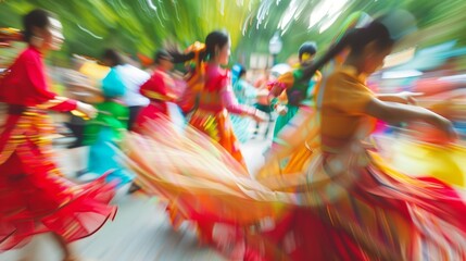 Defocused image 2 Against a blurred background vibrant hues of red green and yellow stand out as students dance and twirl in traditional dresses celebrating the campus multicultural .
