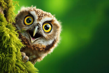 Obraz premium Surprised owl cautiously peeks around a corner against a green background