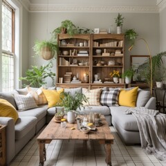 b'A cozy living room with a large wooden bookshelf, gray couch, and lots of plants'