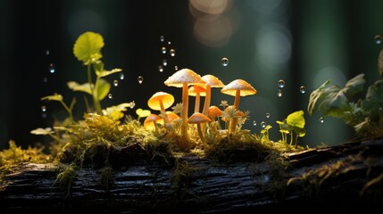 Fototapeta na wymiar a photo close up of some plants sitting on moss, in the style of dark yellow and light gold, mystical fantasy, mushroom core, AI Generative