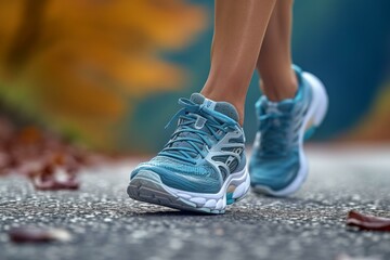 b"Close-up of woman's feet in blue running shoes walking on asphalt road"