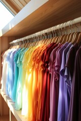 b'Rainbow clothes hanging on a rack in a store'