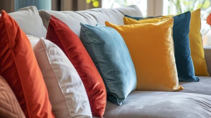 Colorful Decorative Couch Cushions in a Row