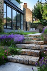 b'A beautiful garden with a stone staircase leading up to a modern house'