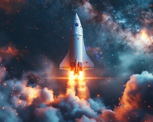 Rocket ship launching into space, powered by AI Representing the limitless potential for AI to propel businesses to new heights