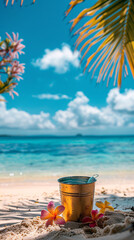  tropical beach scene with a potted plant, seashells, starfish, and the ocean under a blue sky.