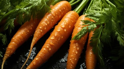b'Close-up of fresh carrots with green leaves'