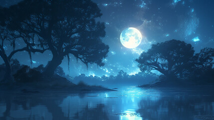 Ethereal moonlit scene with a silhouette of trees, conveying a sense of tranquility and mystery.