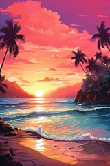 b'Beach sunset landscape with palm trees'